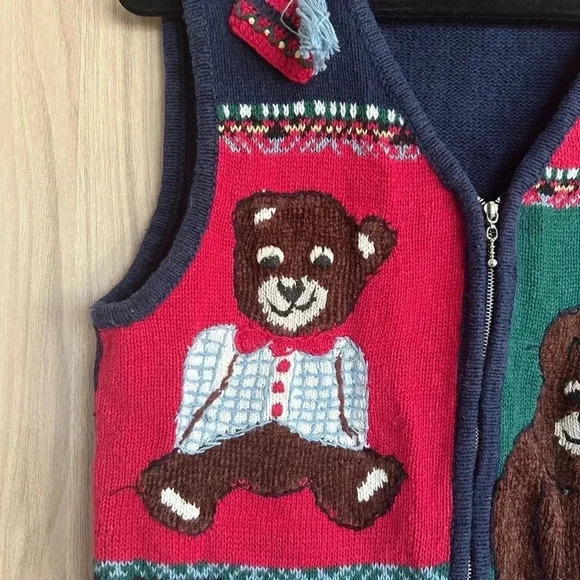 Vintage 90s Teddy Bear Zip Ugly Christmas Vest Ramie Cotton Hand Knit Medium - Picture 3 of 9
